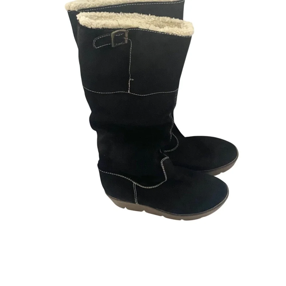Kors Michael Kors Black Suede Shearling Lined Tall Wedge‎ Boots Made in Italy